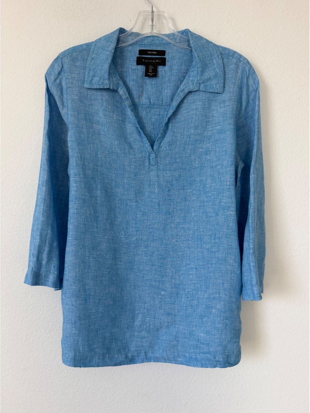 Tahari 3/4 Sleeve Collared V-Neck 100% Linen Blue Coastal Shirt Women's Size S
